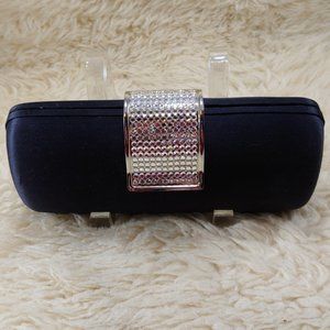 Black Satin Crystal Clasp Clutch, Hard Sided